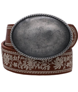 Bordered Floral Embroidered Strap Buckle Belt