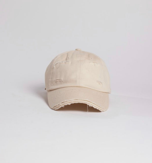 Beige Distressed Ball Cap