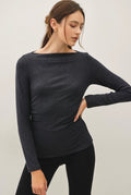 Black Shirring Waist Boatneck Top