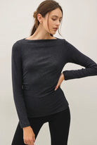 Black Shirring Waist Boatneck Top-Market Grey Boutique