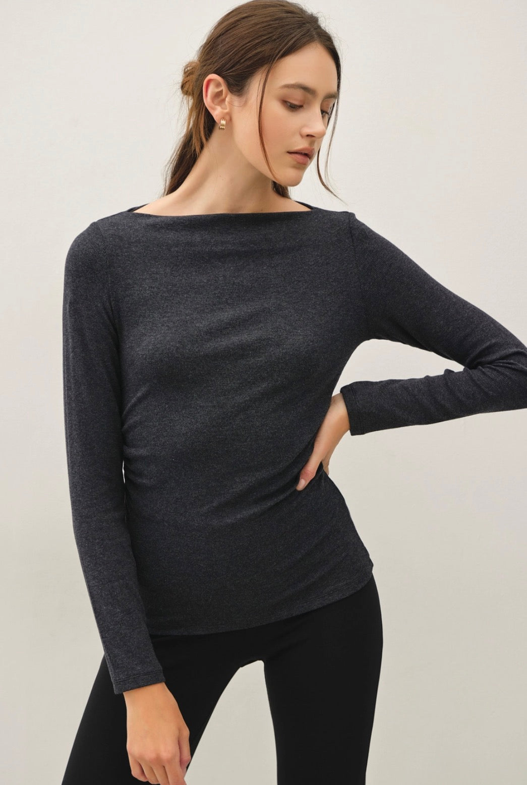 Black Shirring Waist Boatneck Top
