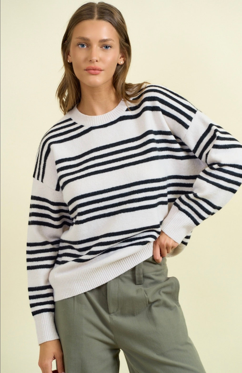 Varsity Stripe Black/Beige Crew Sweater-Market Grey Boutique