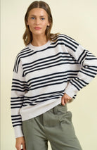 Varsity Stripe Black/Beige Crew Sweater-Market Grey Boutique
