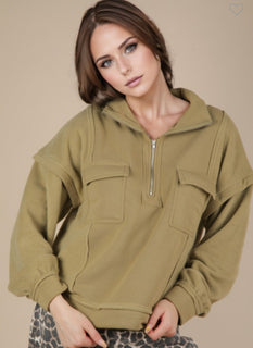 Light Olive Casual 3/4 Zip Pullover