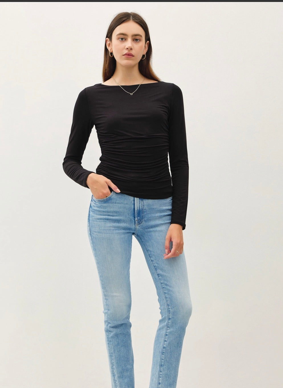 Black Ruched Boat Neck Top