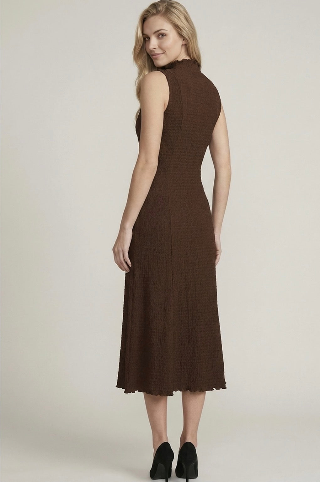 Brown Smocked Crinkle Midi Dress