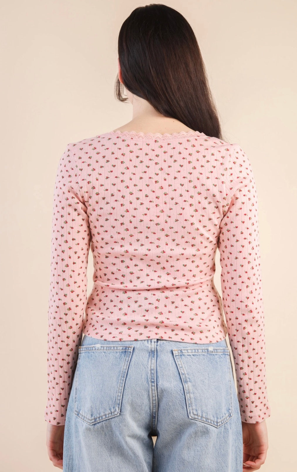 Pink Floral Print Lace Detail Top