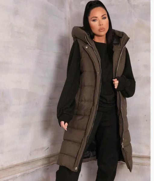 Dark Olive Side Zip Puffer Long Vest