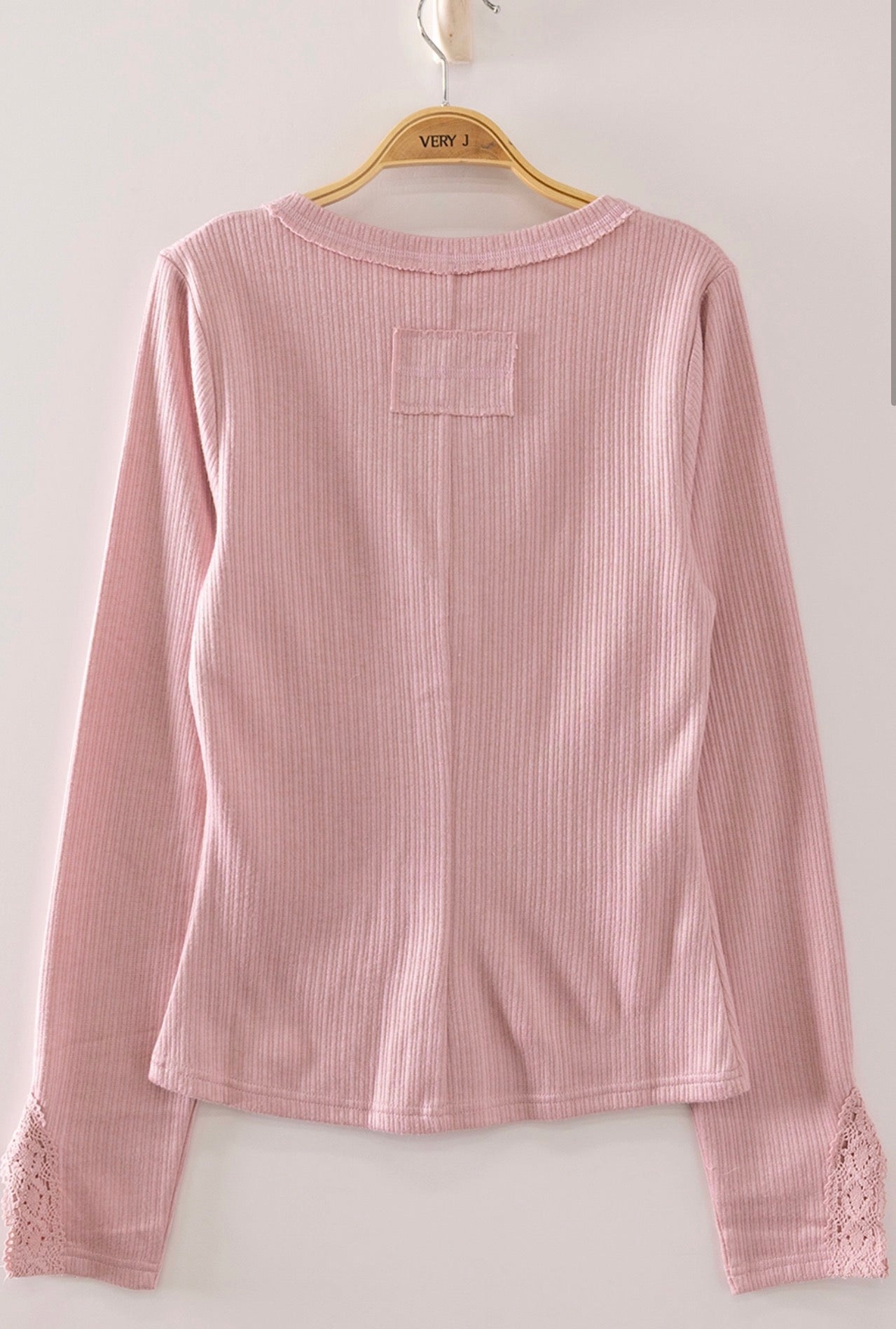 Pink Lace Sleeved Ribbed Top-Market Grey Boutique