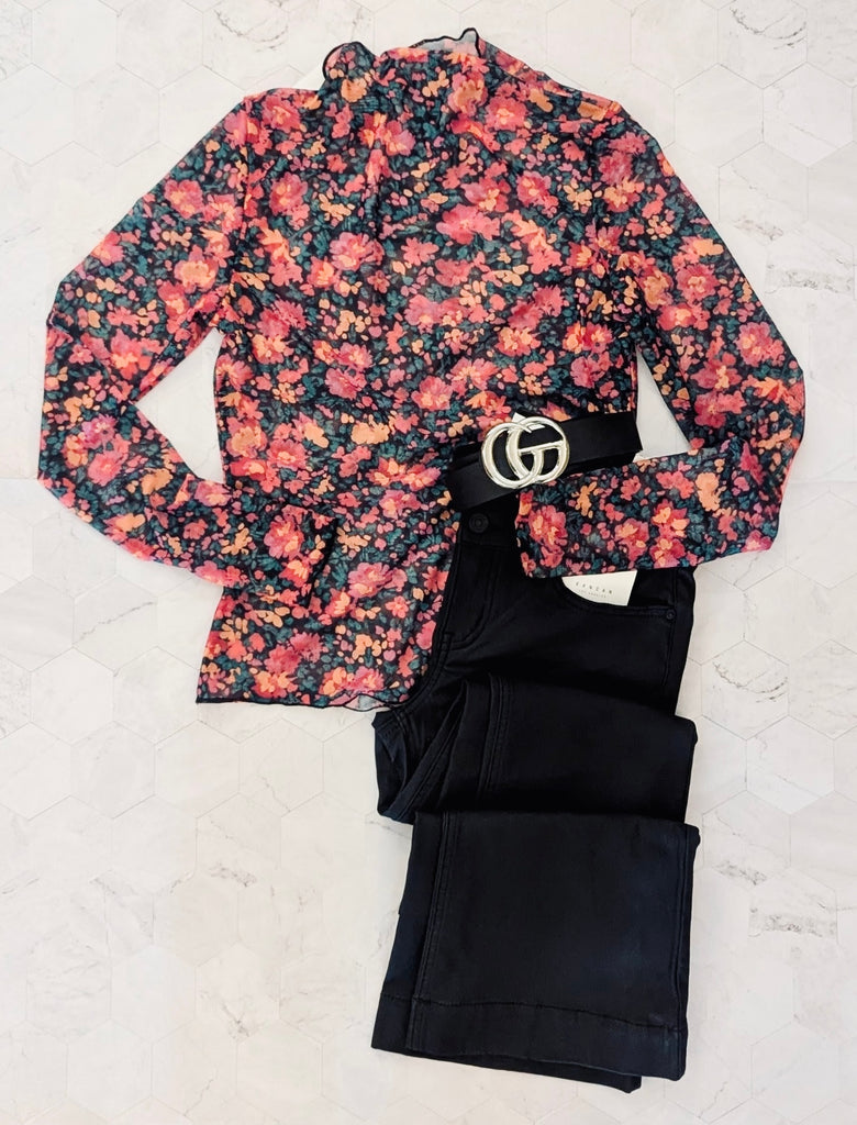 Black Floral Mesh Long Sleeve Top