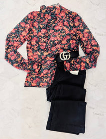 Black Floral Mesh Long Sleeve Top