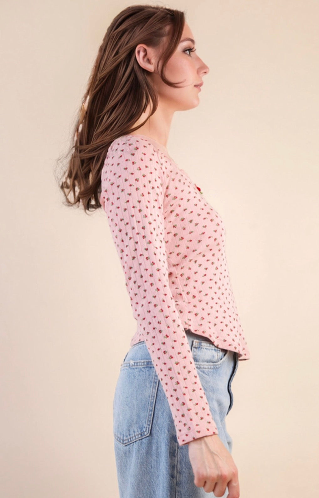 Pink Floral Print Lace Detail Top