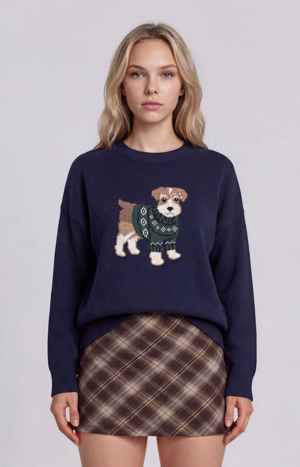 Puppy Jacquard Long Sleeve Knit Pullover Sweater-Market Grey Boutique