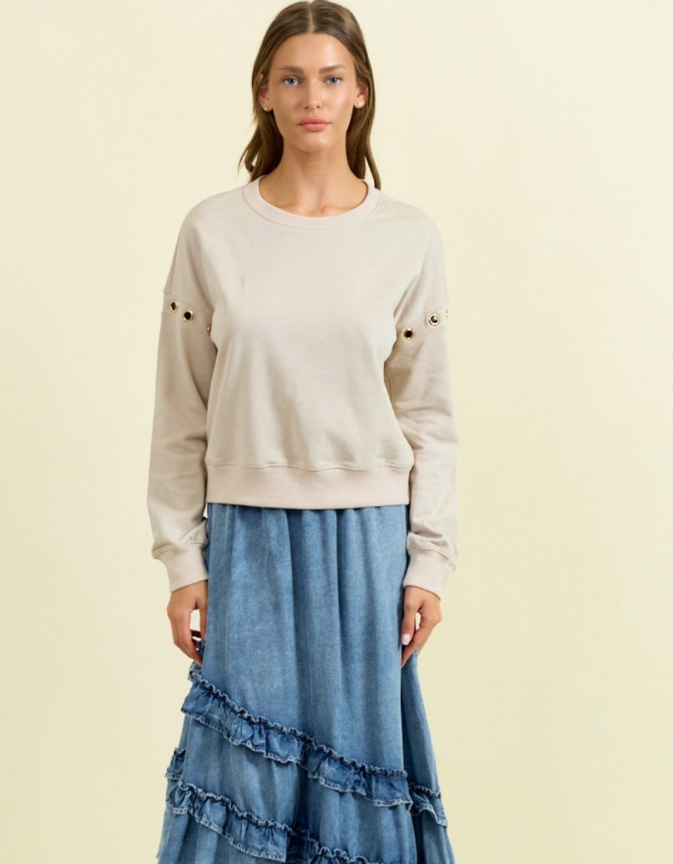 RESTOCK Grommet Detail Crew Sweatshirt-Market Grey Boutique