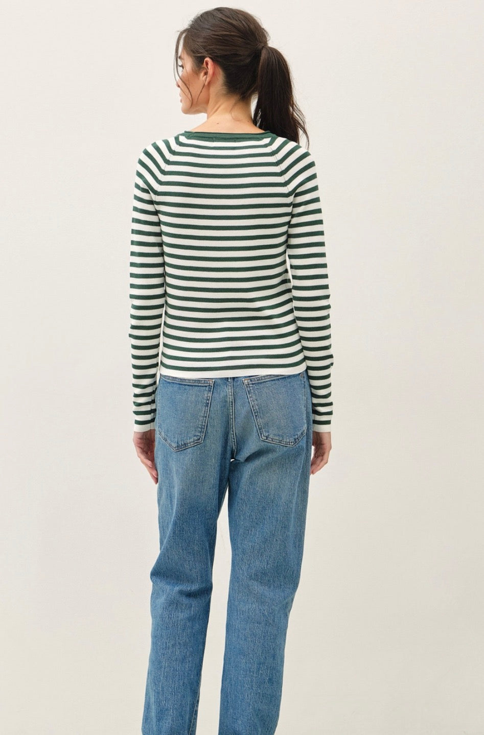 Striped Slim Fit Green/White Crew Sweater
