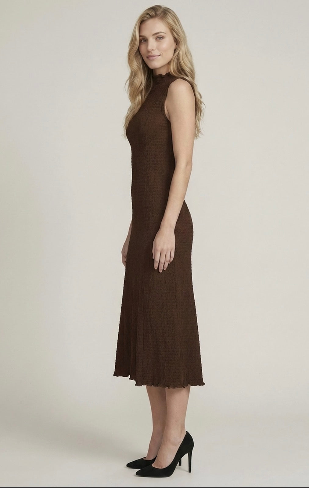 Brown Smocked Crinkle Midi Dress