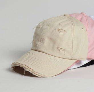 Beige Distressed Ball Cap