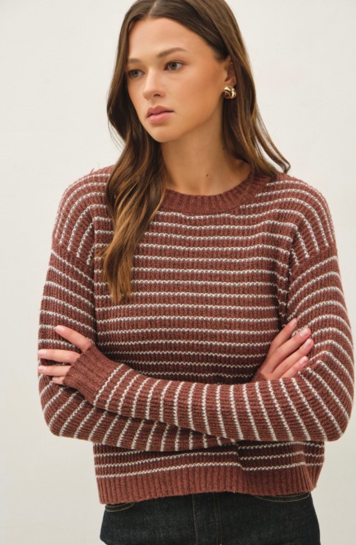 Sepia Striped Waffle Sweater-Market Grey Boutique