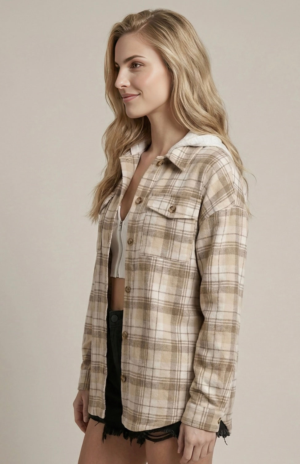 Beige Hooded Plaid Shacket