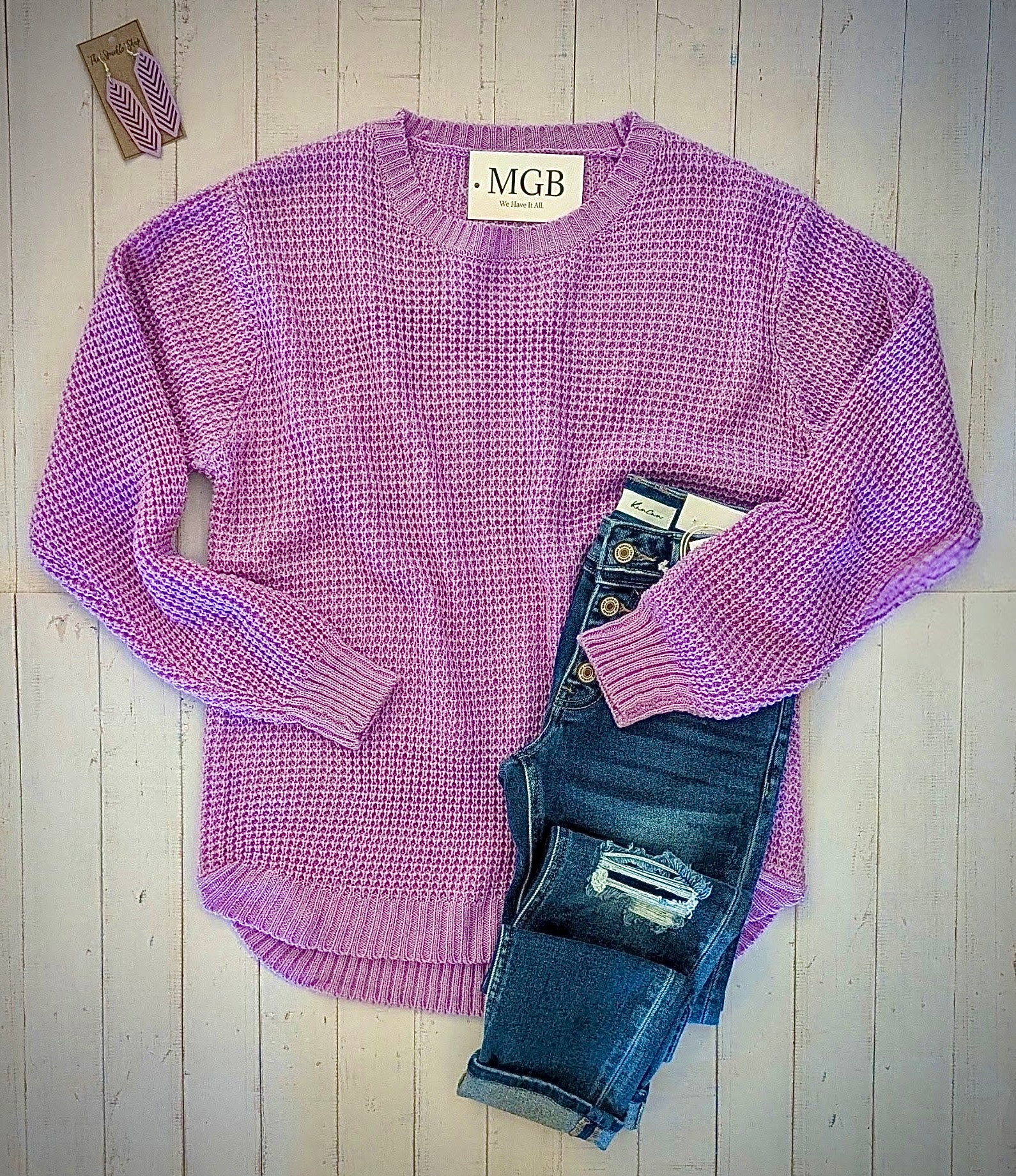 Lavender Round Neck Waffle Sweater