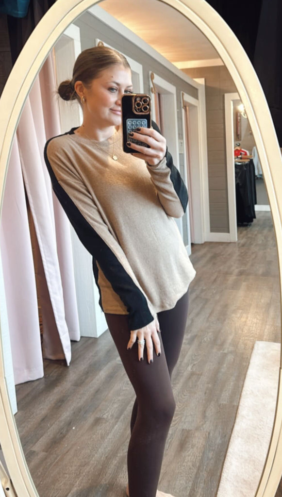 Beige/Black Soft Brushed Colorblock Top