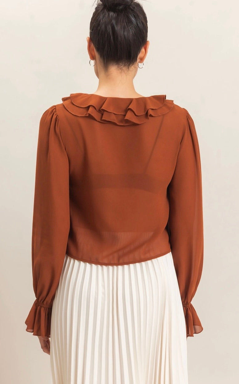 Camel Ruffle V Neck Sheer Blouse-Market Grey Boutique