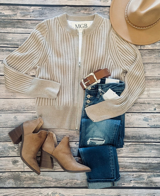 Beige Two Tone Zip Up Sweater