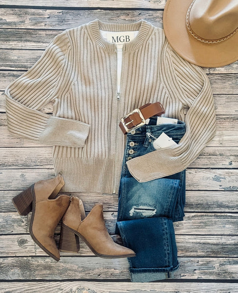 Beige Two Tone Zip Up Sweater