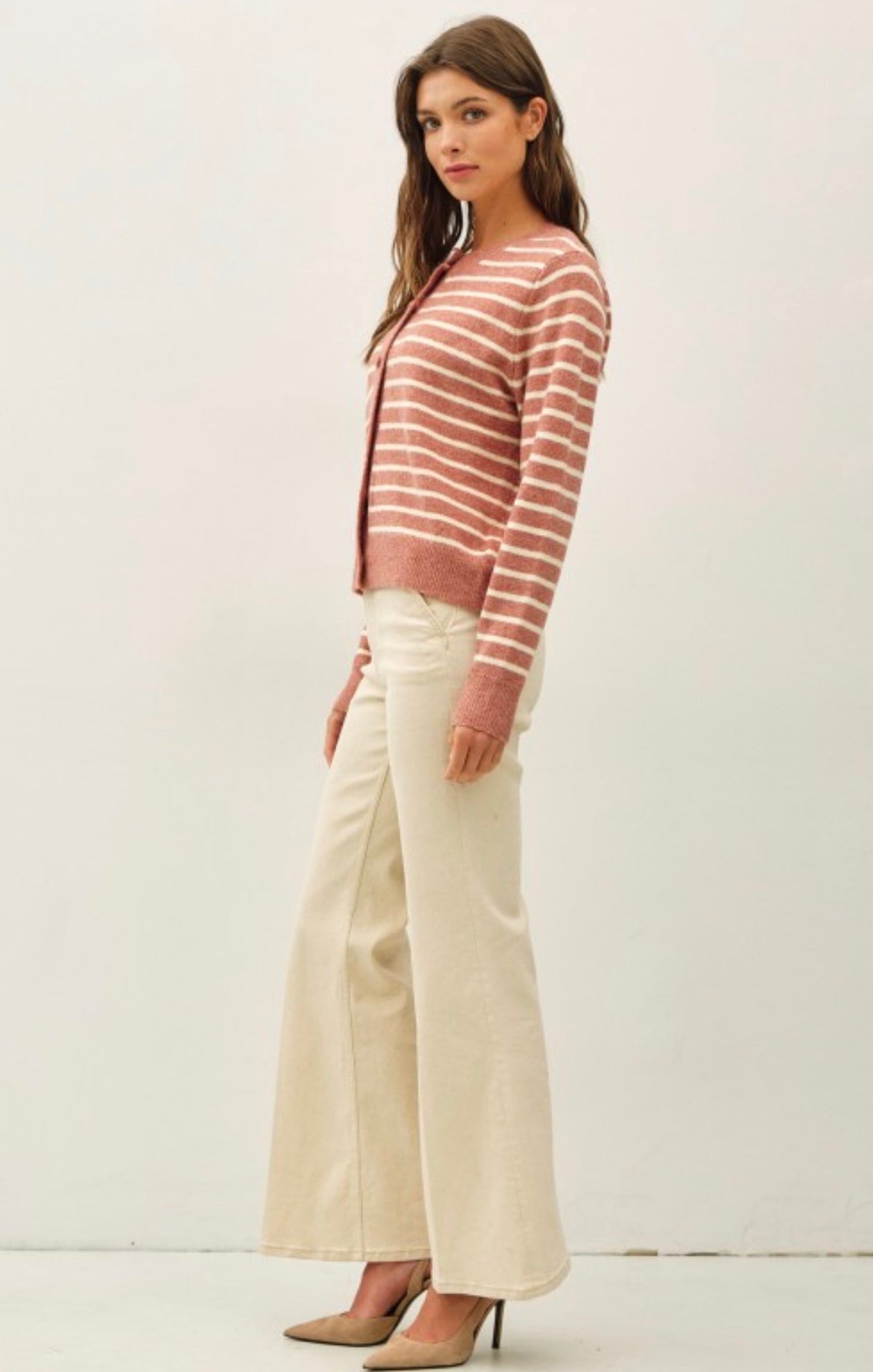 Cream/Brick Striped Button Cardigan-Market Grey Boutique