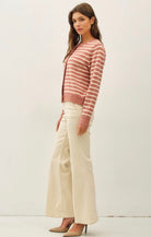 Cream/Brick Striped Button Cardigan-Market Grey Boutique