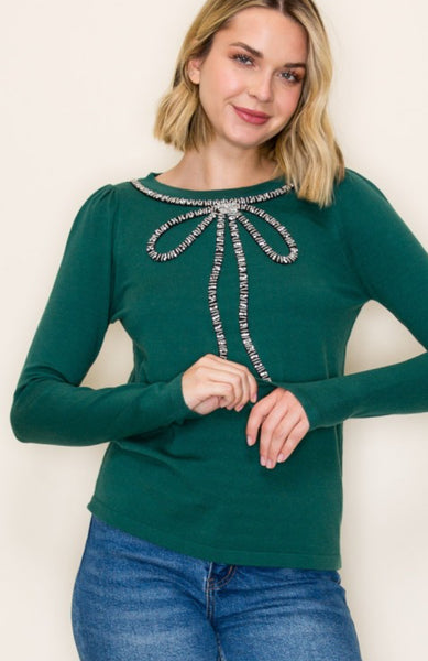 Forest Holiday Jewel Bow Sweater