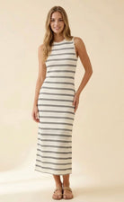 Striped Overlay Luxe Midi Dress-Market Grey Boutique