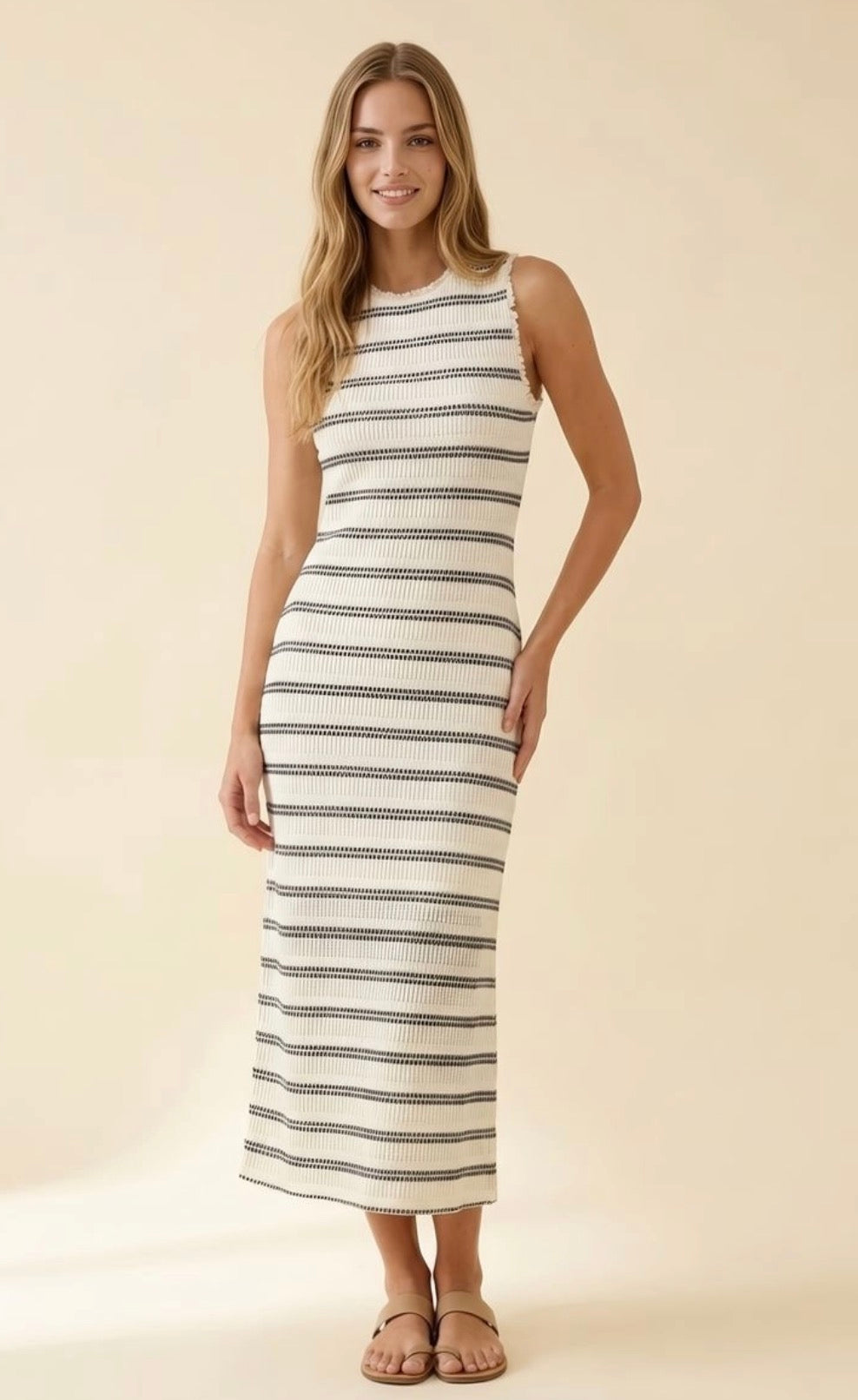 Striped Overlay Luxe Midi Dress