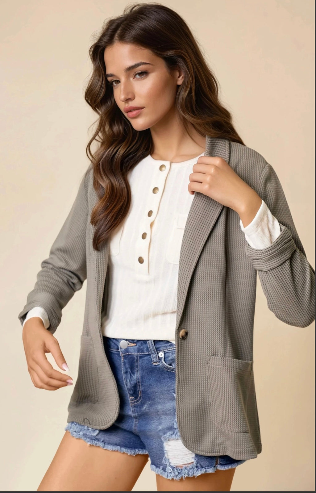 Olive Shirred Textured Blazer