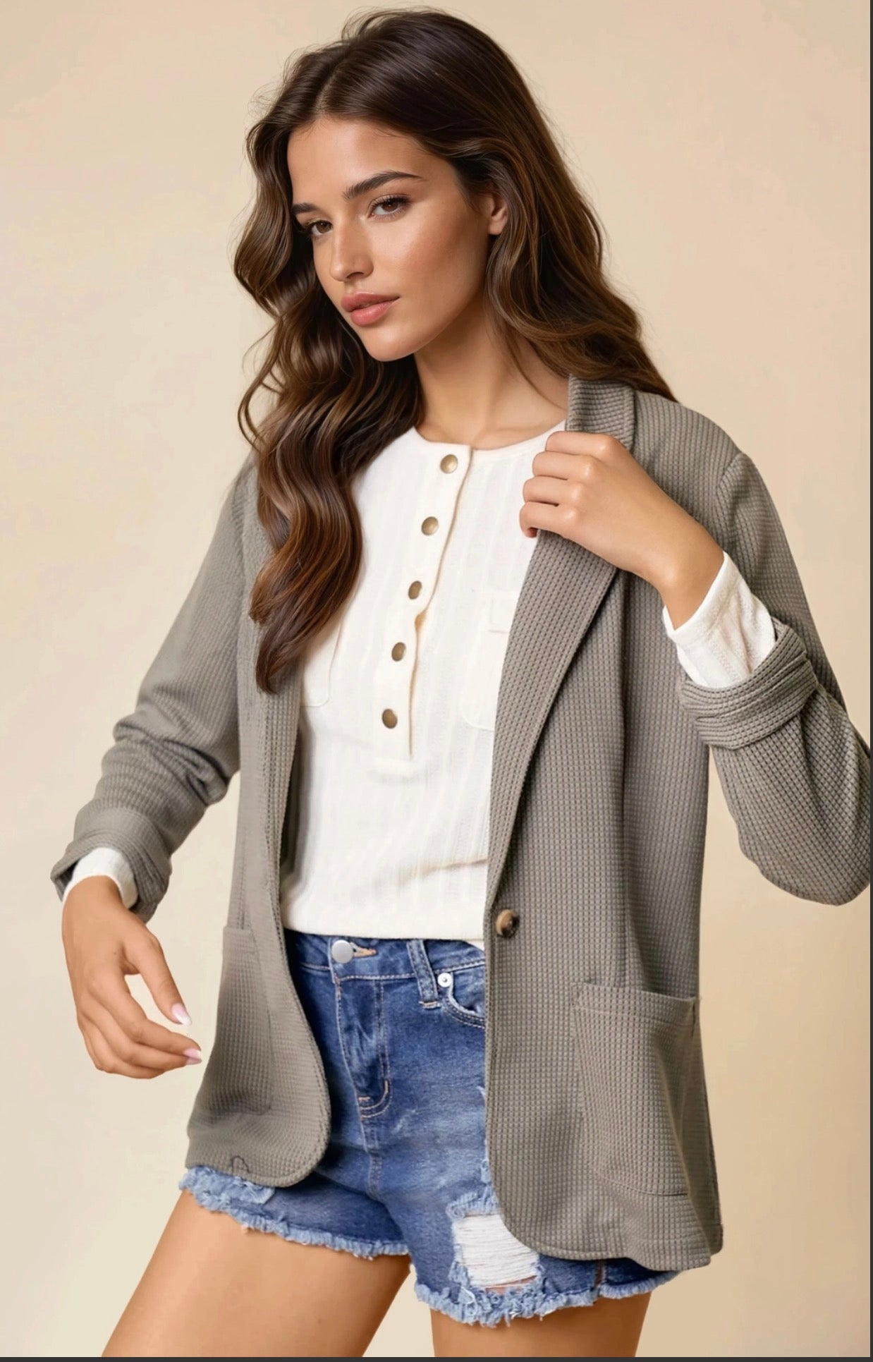 Olive Shirred Textured Blazer