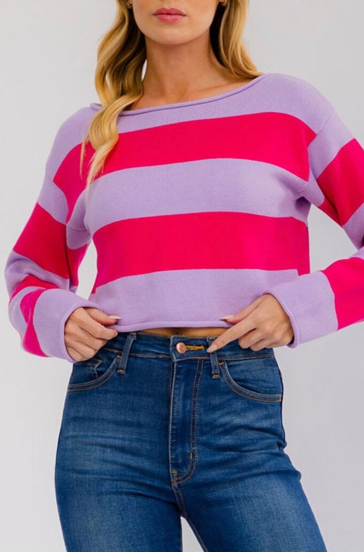 Lavender/Fuchsia Striped Knit Crop Sweater