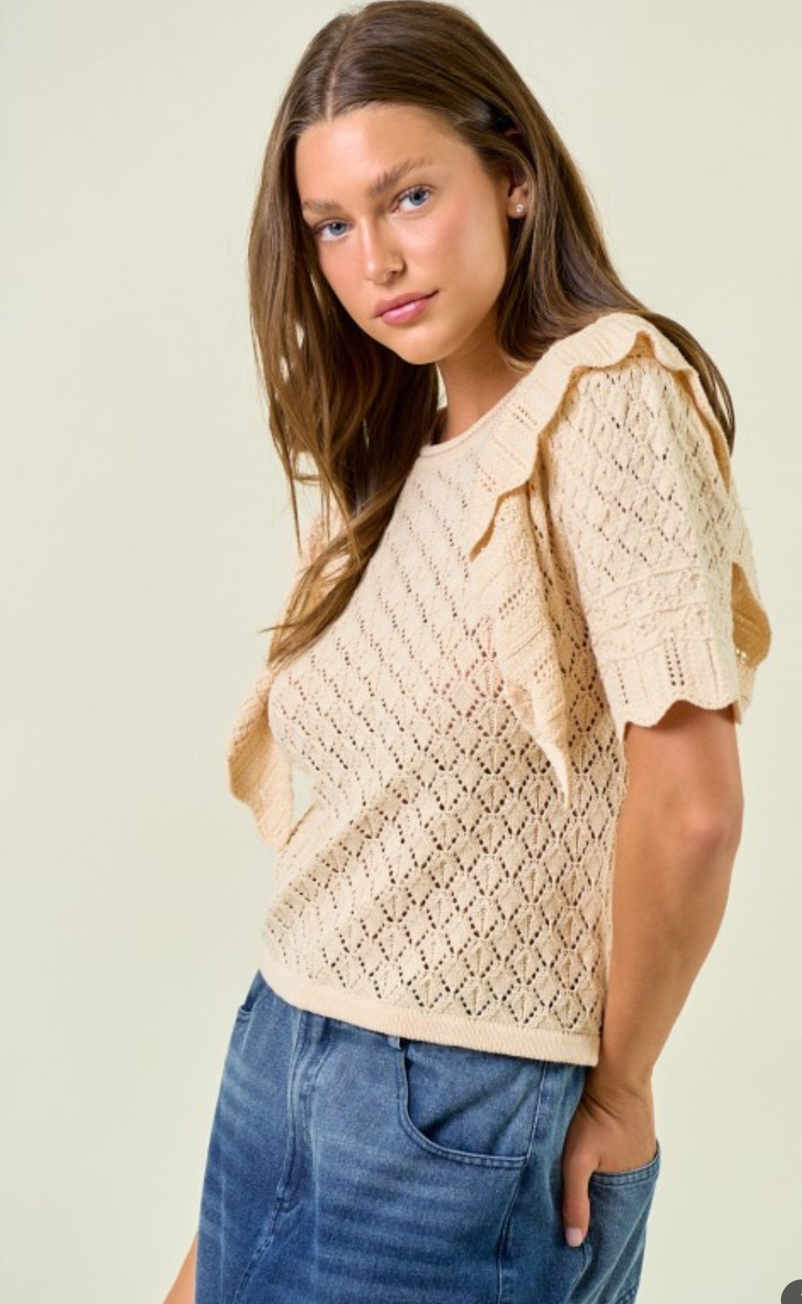 Pointelle Ruffle Short Sleeve Top