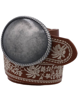 Bordered Floral Embroidered Strap Buckle Belt
