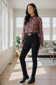 Black Floral Mesh Long Sleeve Top