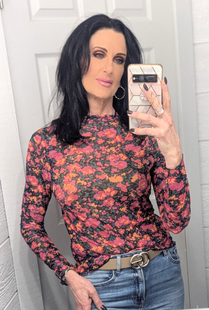 Black Floral Mesh Long Sleeve Top