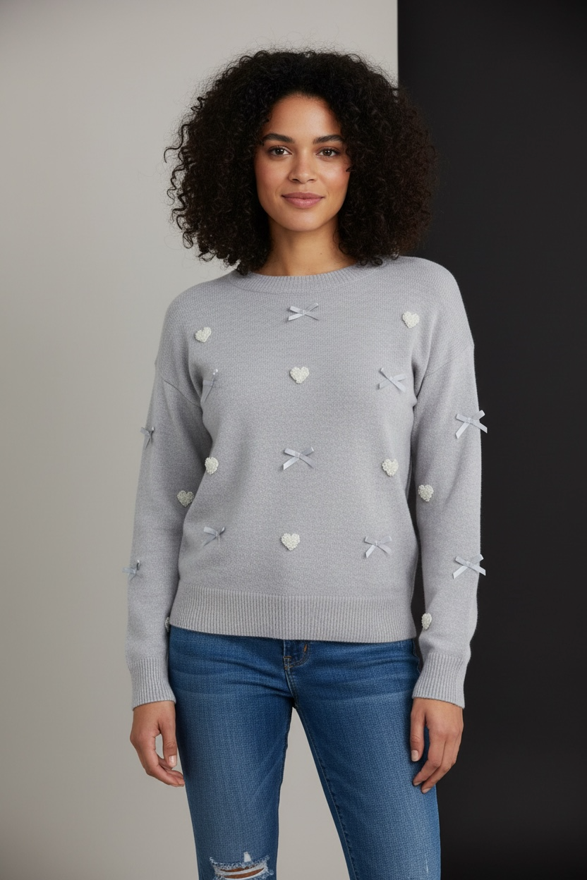 Hearts & Bows Detailed Pullover Sweater-Market Grey Boutique