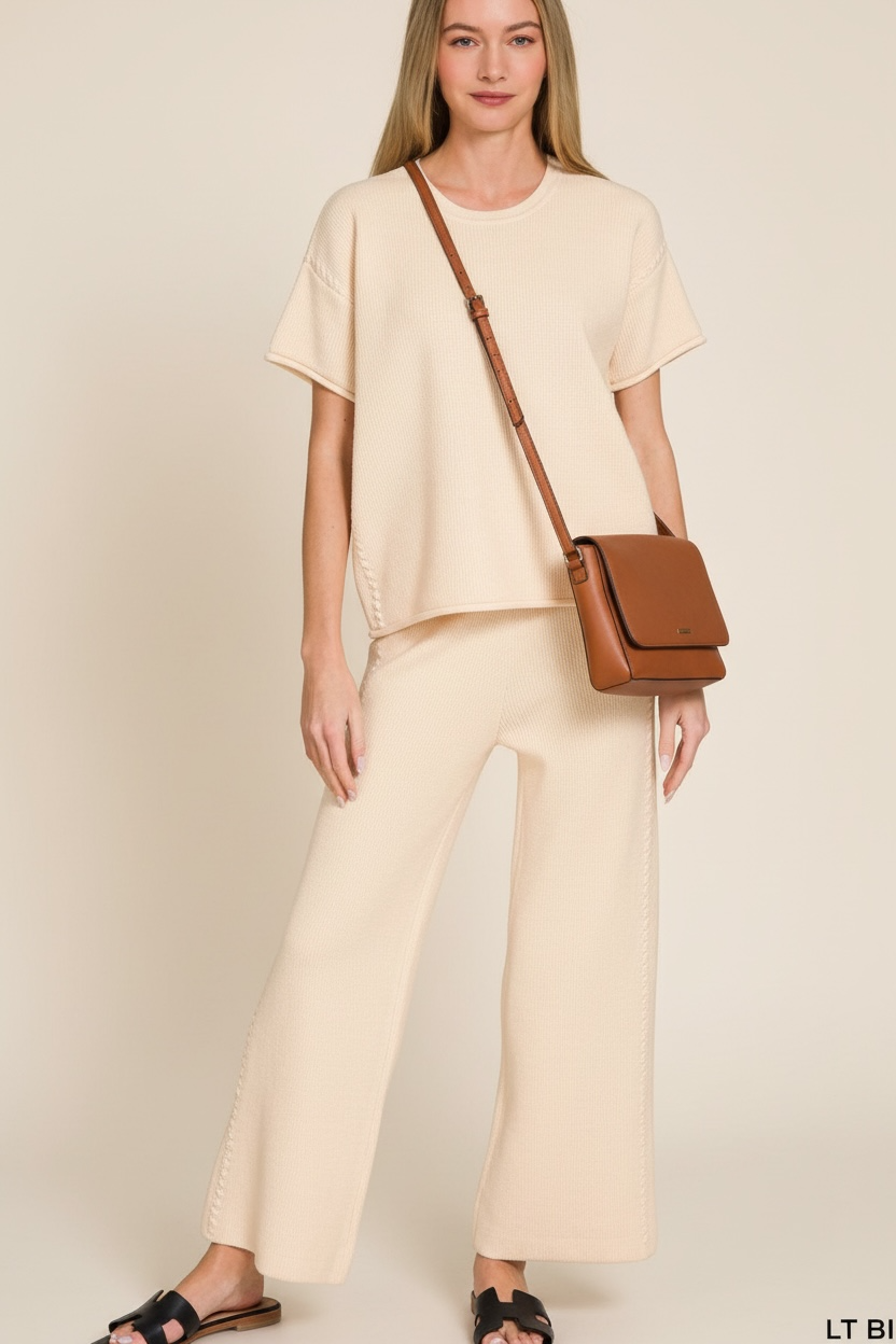 Light Beige Sweater Tee & Pants Set-Market Grey Boutique