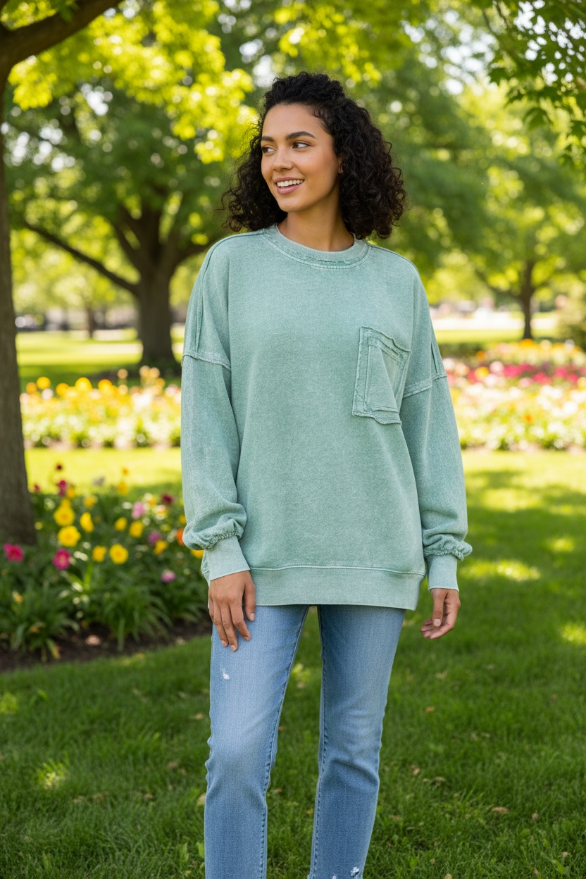 Green Halo Washed Exposed Seam Sweatshirt