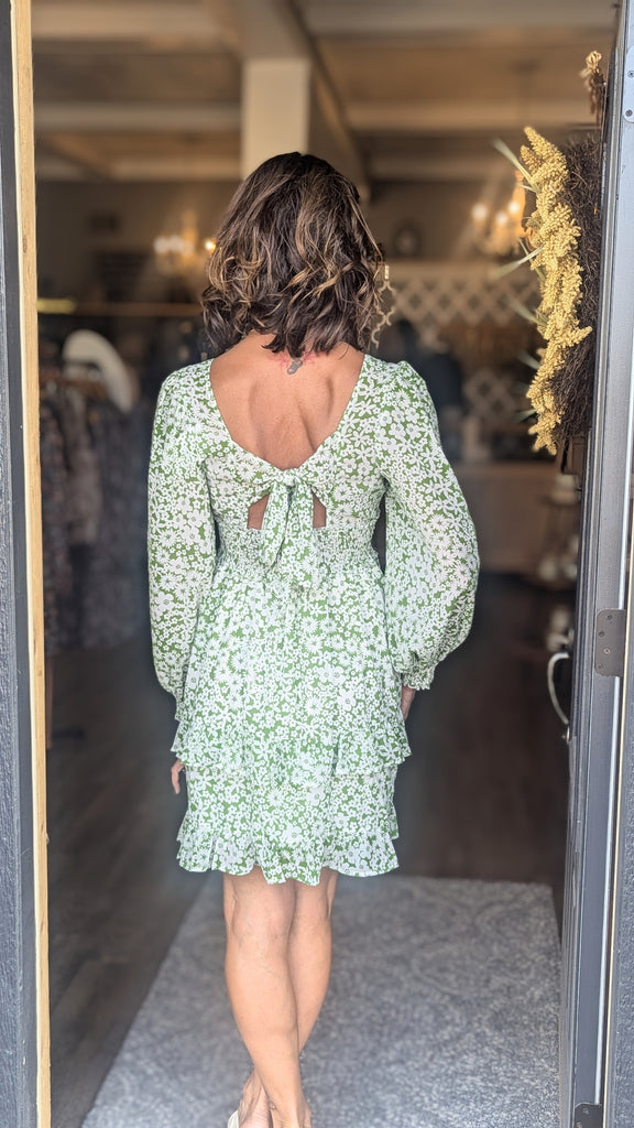 Green Floral Tiered Mini Dress