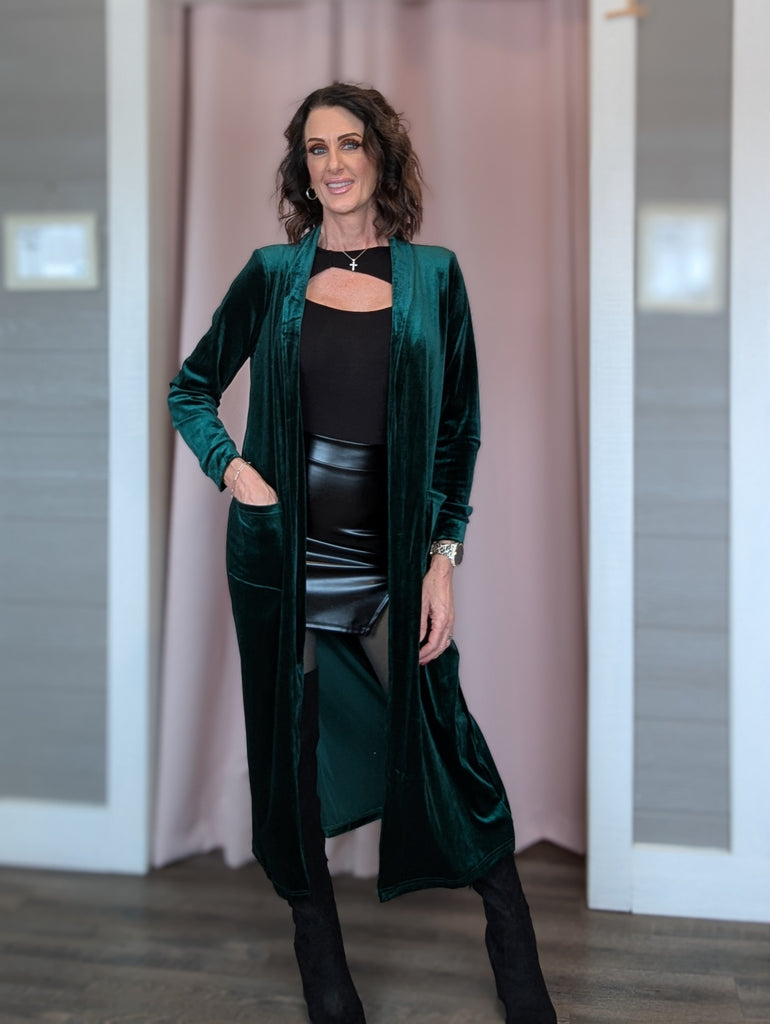 Velvet Open Front Pocketed Long Duster