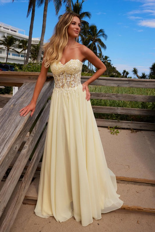 Preview Only - 2026 Lemon Chiffon Flowy Boned Waistline Gown🤍