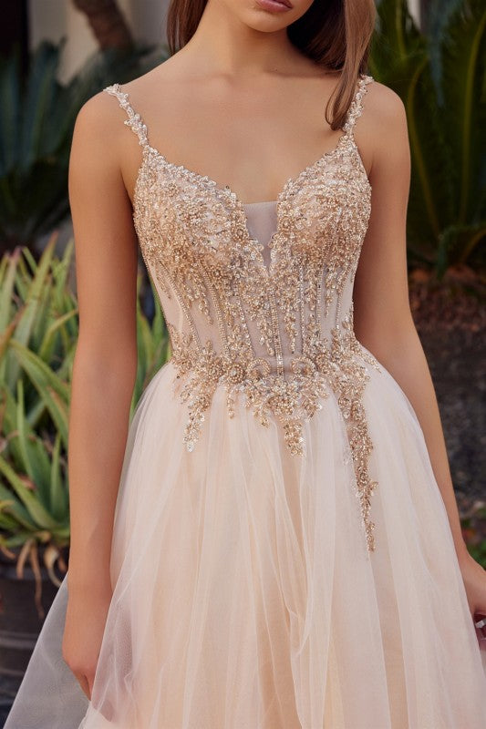 2026 - Champagne Tulle Gown With Plunging V-Neckline🤍-Market Grey Boutique