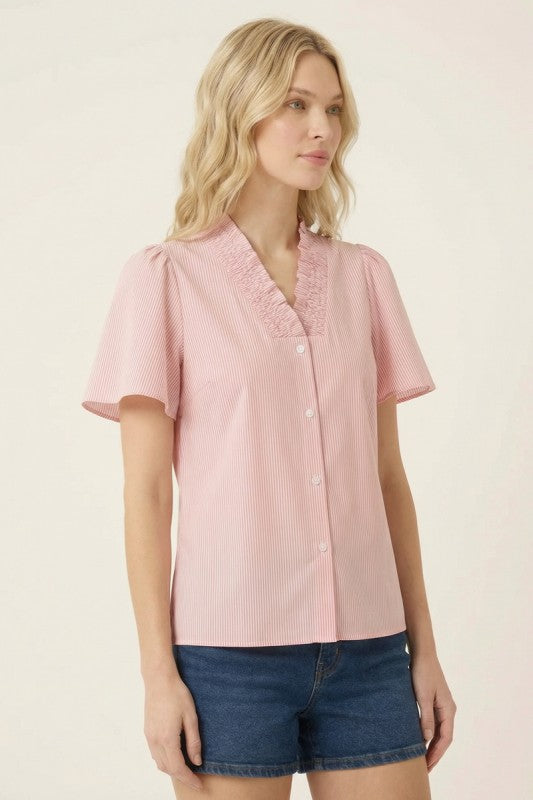 Smocked V Neck Pinstriped Top