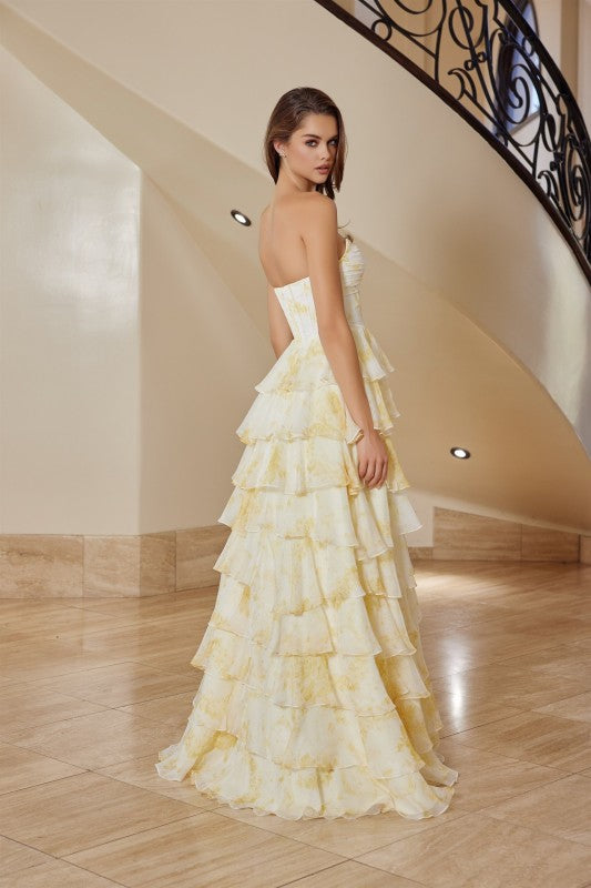 Preview Only - 2026 Yellow Print Chifon Strapless Layered Gown🤍