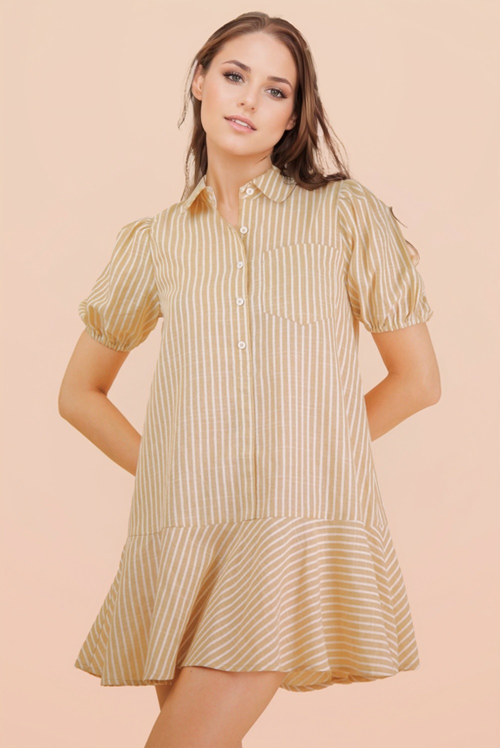 Cappuccino Cream Striped Puff Sleeve Mini Dress-Market Grey Boutique